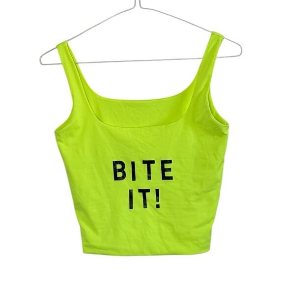 BITE IT! Neon Fluorescent Yellow Tank Crop Top Grunge Punk Retro Festival Size S - Picture 2 of 7